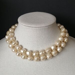 Vintage Faux Pearl Cream Collar Two-Strand Necklace Lightweight